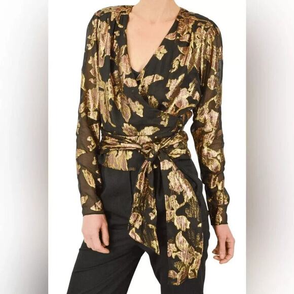 Ramy Brook Womens 8 Metallic Floral Print Long Sleeve V Neck Wrap Top Black Gold - Picture 1 of 10